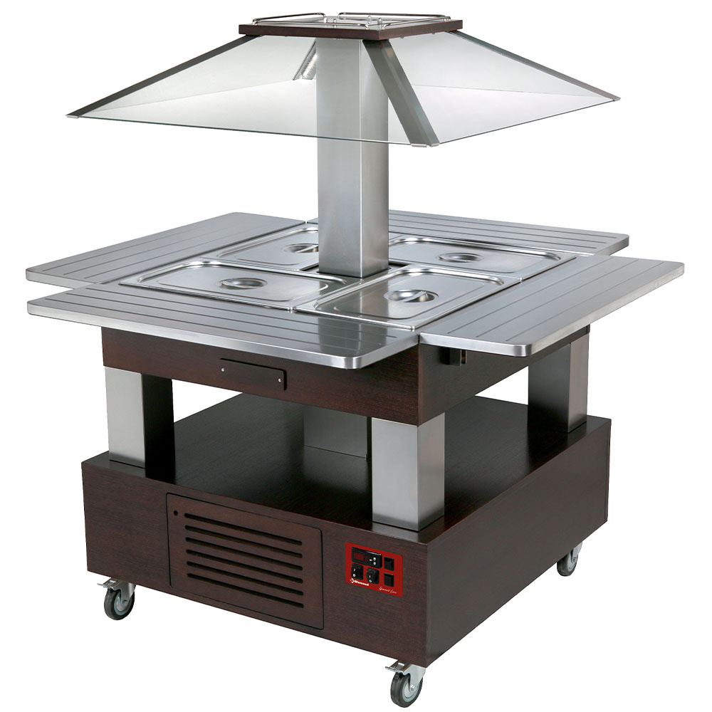 CBM/4D-B1_KM Ilot buffet chauffant, bain marie, coupole motorisé, 4x GN1/1-150 (Bois Wengé)