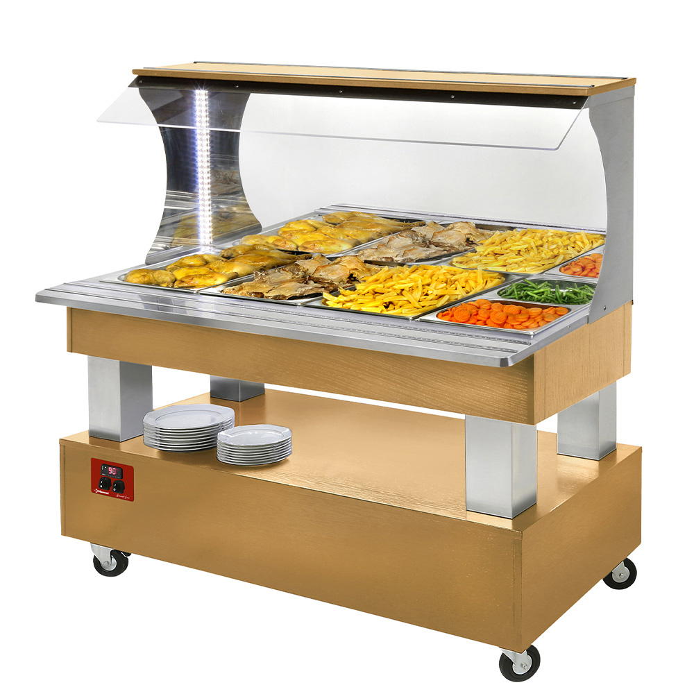 ABM/4N-D1 Buffet chauffant mural, bain marie, 4x GN1/1-150 (Bois Chêne clair)