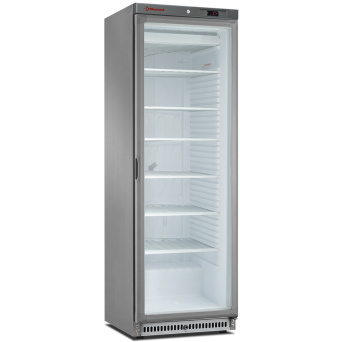 Ventilated refrigerator, glass door, 150 liters. stainless steel