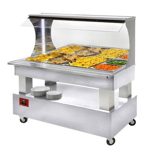 [12734] ABM/4N-A1 Buffet chauffant mural, bain marie, 4x GN1/1-150 (Bois Blanc)